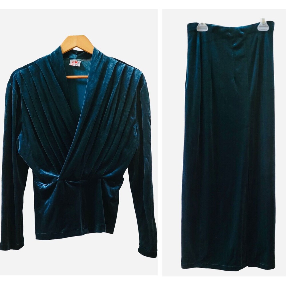 VTG 2 pc Dark Green Velvet Elastic Waist Long Sleeve MIDI Dress Set Size Medium